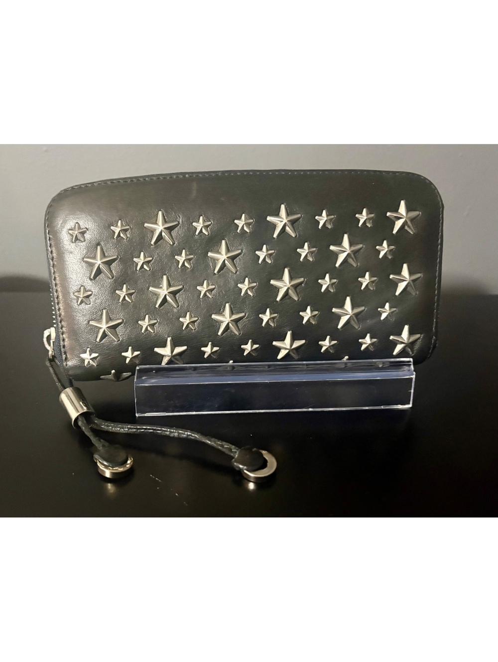 Jimmy Choo Black Leather Filipa Star Studded Zip Around Continental Wallet